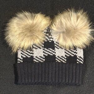 Plaid Kids Beanie with Faux Fur Pom Poms
